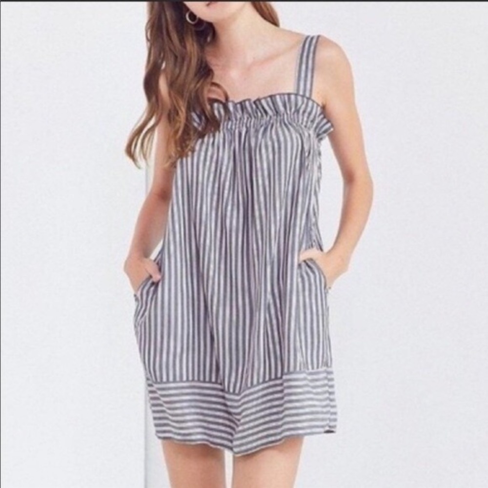 Urban Outfitters Cooperative Size XS Blue Railroad Stripe Ruffle Edge Slip Dress